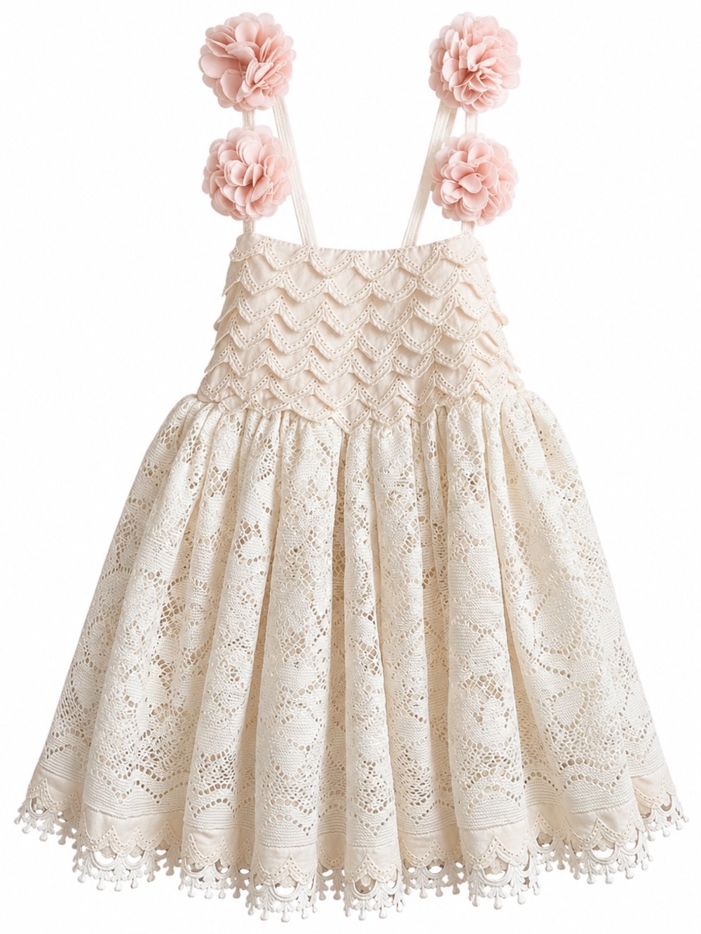 Dollcake Hopeless Romantic Dress Girls Size 2 Cream Lace Pink Pom Pom Straps EUC